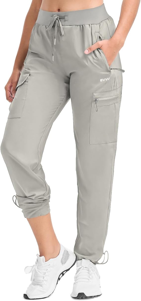 BVVU Women's Cargo Joggers Lightweight Quick Dry Hiking Pants Outdoor Waterproof Athletic Workout Pants with Zipper Pockets
