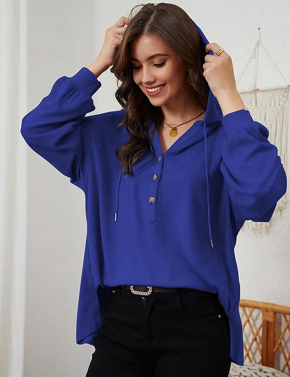   Olavrcby Womens V Neck Long Sleeve Henley Shirts Button Down Sweatshirts Hoodies Tunic Tops with Drawstring