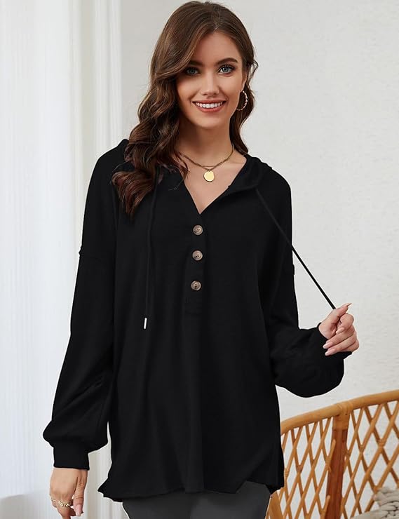   Olavrcby Womens V Neck Long Sleeve Henley Shirts Button Down Sweatshirts Hoodies Tunic Tops with Drawstring