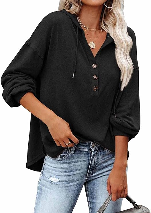   Olavrcby Womens V Neck Long Sleeve Henley Shirts Button Down Sweatshirts Hoodies Tunic Tops with Drawstring
