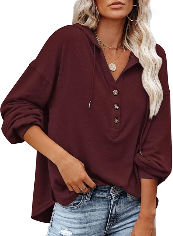   Olavrcby Womens V Neck Long Sleeve Henley Shirts Button Down Sweatshirts Hoodies Tunic Tops with Drawstring