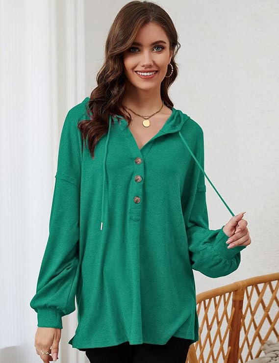   Olavrcby Womens V Neck Long Sleeve Henley Shirts Button Down Sweatshirts Hoodies Tunic Tops with Drawstring