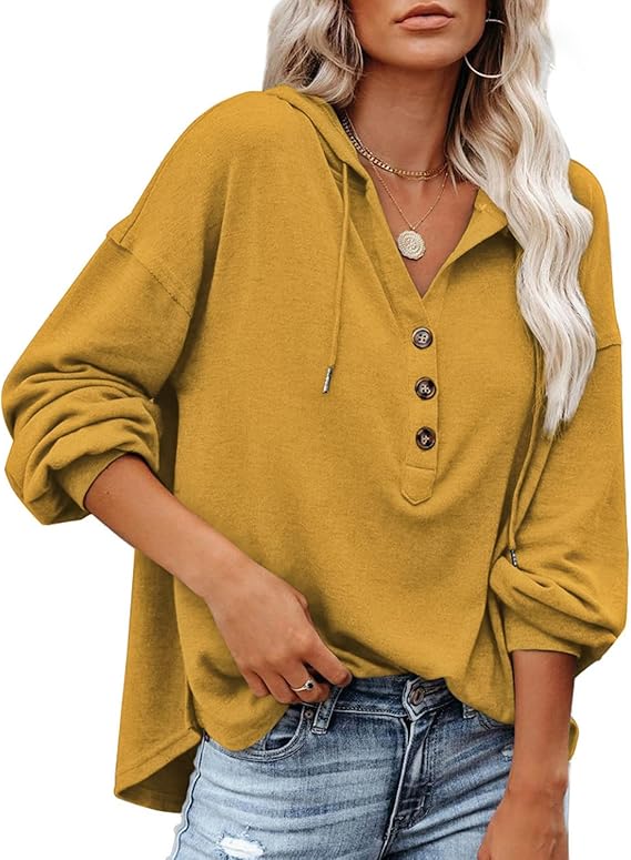   Olavrcby Womens V Neck Long Sleeve Henley Shirts Button Down Sweatshirts Hoodies Tunic Tops with Drawstring