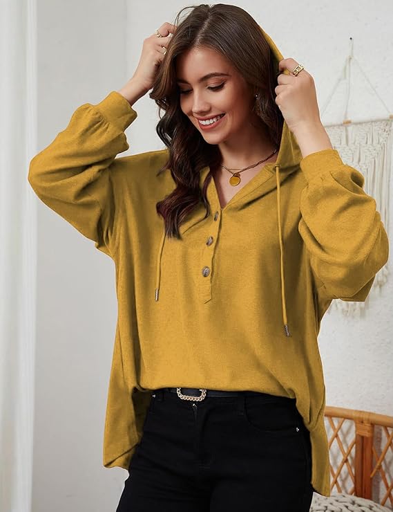   Olavrcby Womens V Neck Long Sleeve Henley Shirts Button Down Sweatshirts Hoodies Tunic Tops with Drawstring