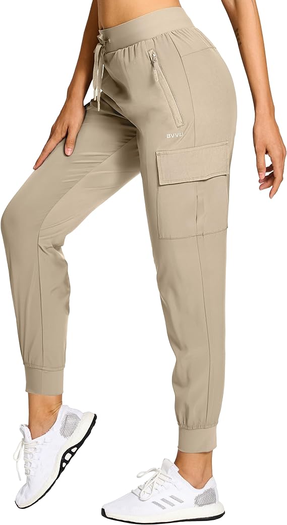 BVVU Women's Cargo Joggers Hiking Pants High Wasited Lightweight Quick Dry with Zipper Pockets Waterproof Athletic Sweatpants