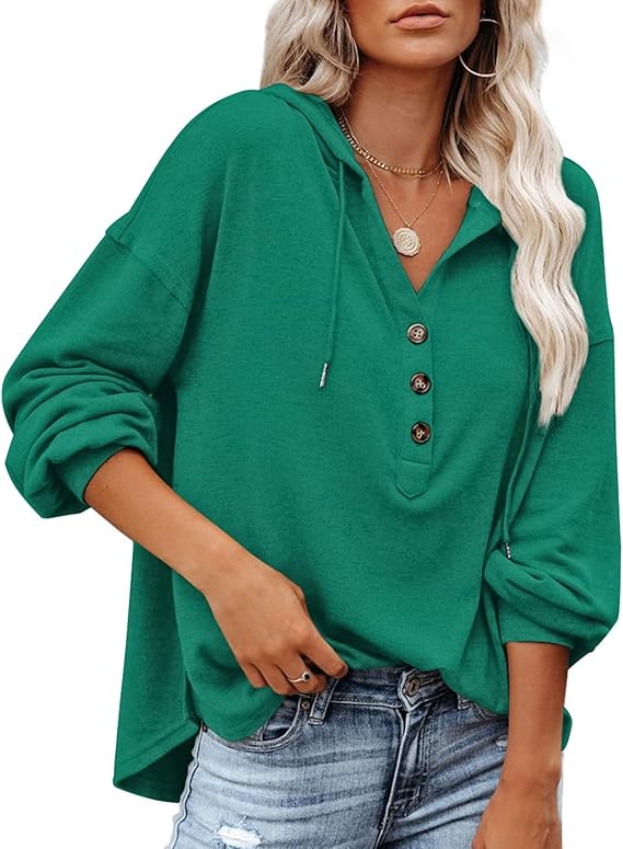   Olavrcby Womens V Neck Long Sleeve Henley Shirts Button Down Sweatshirts Hoodies Tunic Tops with Drawstring